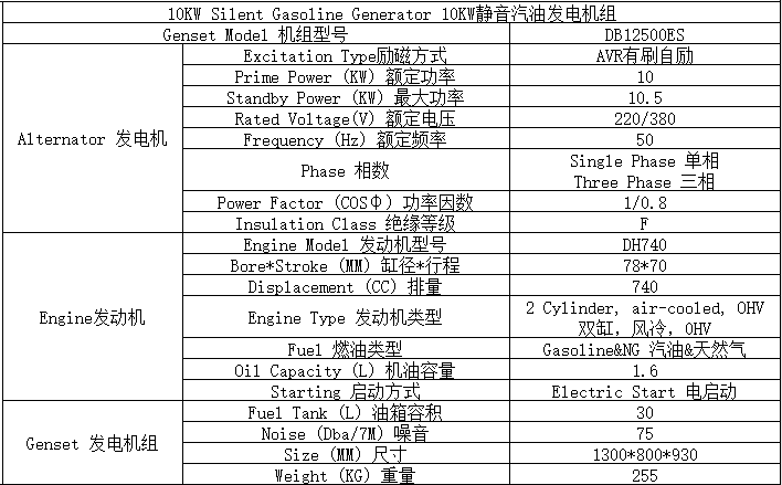 10KW燃氣汽油發電機組